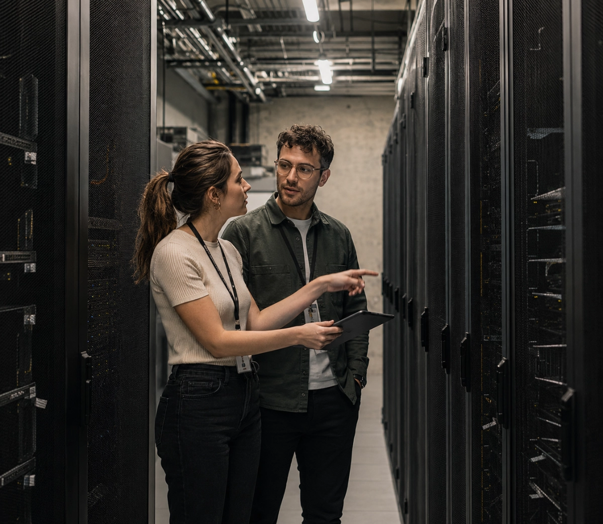 Teknikere ved serverrack i datacenter